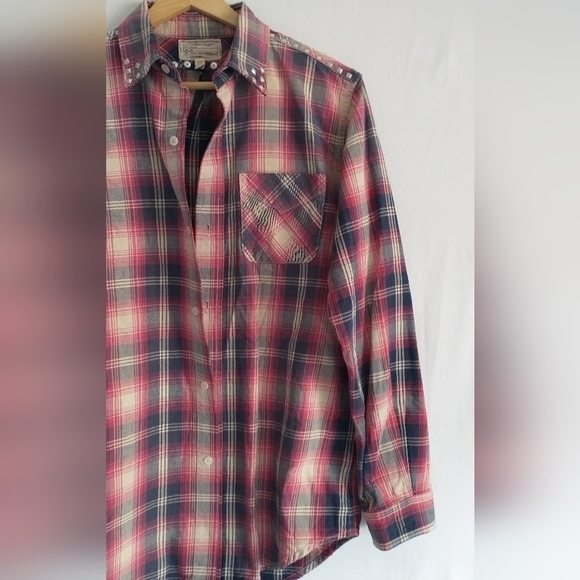 Anthropologie Current/Elliott Plaid Studded Collared Flannel Shirt Size Medium - Picture 4 of 11